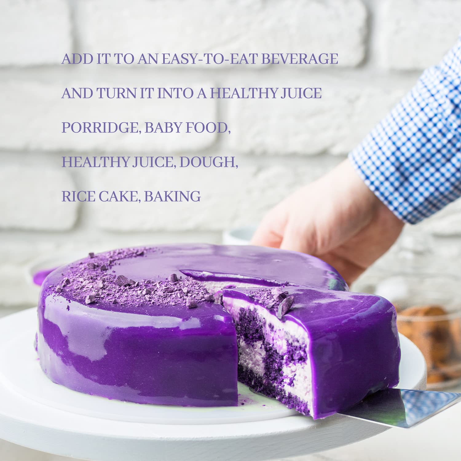 ORGFUN Ube powder photographed beside measuring spoons for precise recipes.