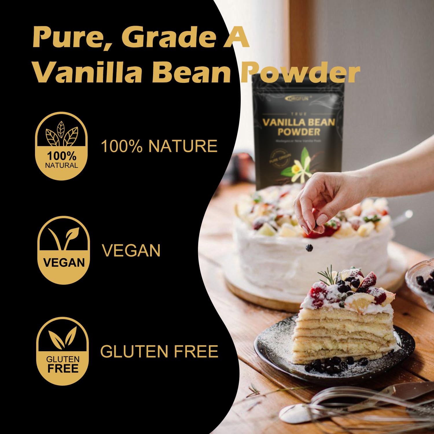 ORGFUN Vanilla Powder in a morning coffee scene demonstrates versatile vanilla enhancement.