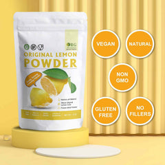 Orgnisulmte freeze-dried lemon powder closeup highlights vibrant color and aroma.