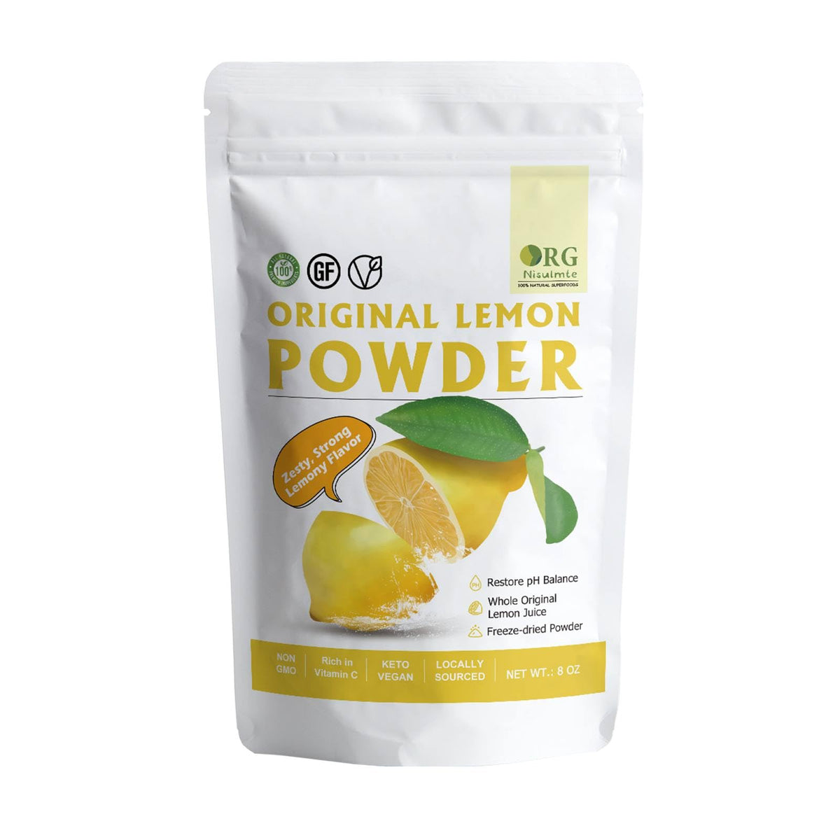 Orgnisulmte lemon powder 8oz jar, premium packaging for convenient kitchen use and long shelf life.