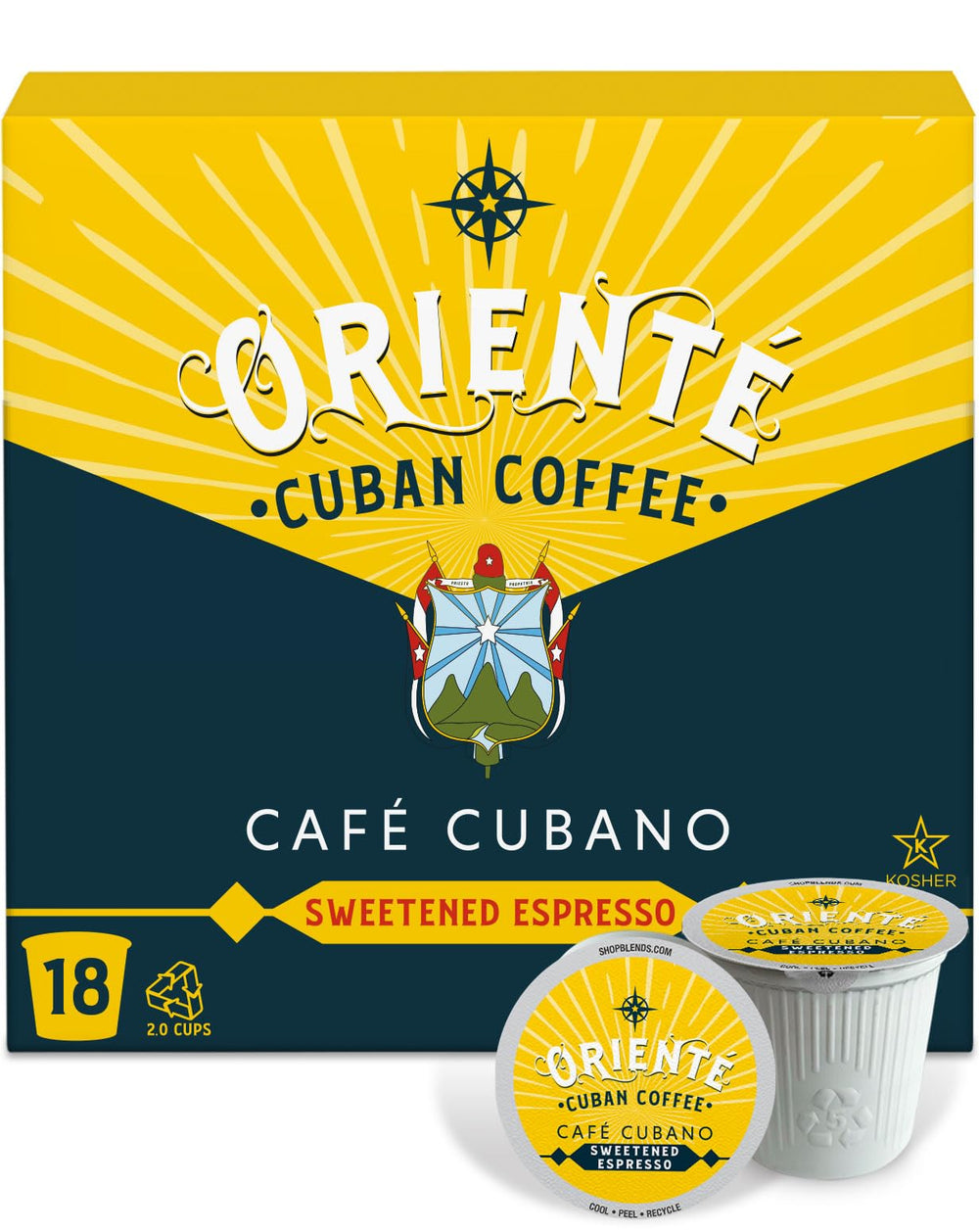 Oriente Sweetened Espresso pods pack showcasing Cuban-inspired flavor in a convenient box.