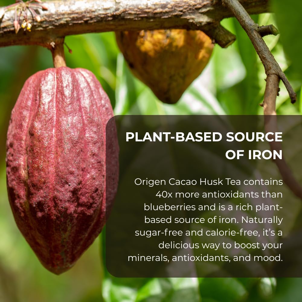 A cup of Origen Cacao Husk Tea ready to sip, a mindful chocolate alternative.