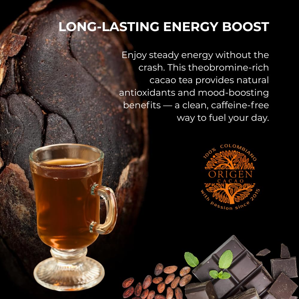 Origen Cacao Husk Tea ritual in the morning, caffeine-free focus.