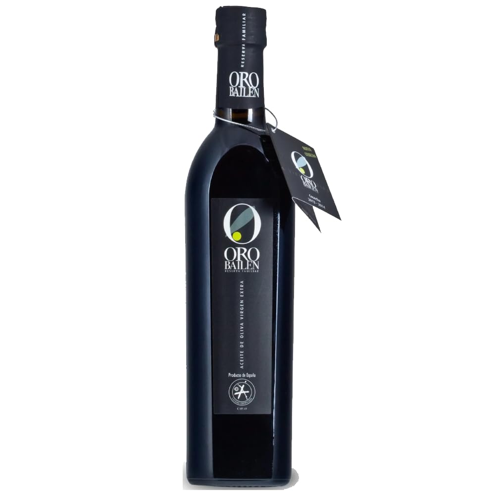 Oro Bailen Reserva Familiar Picual bottle showing bold green aromas for dipping.