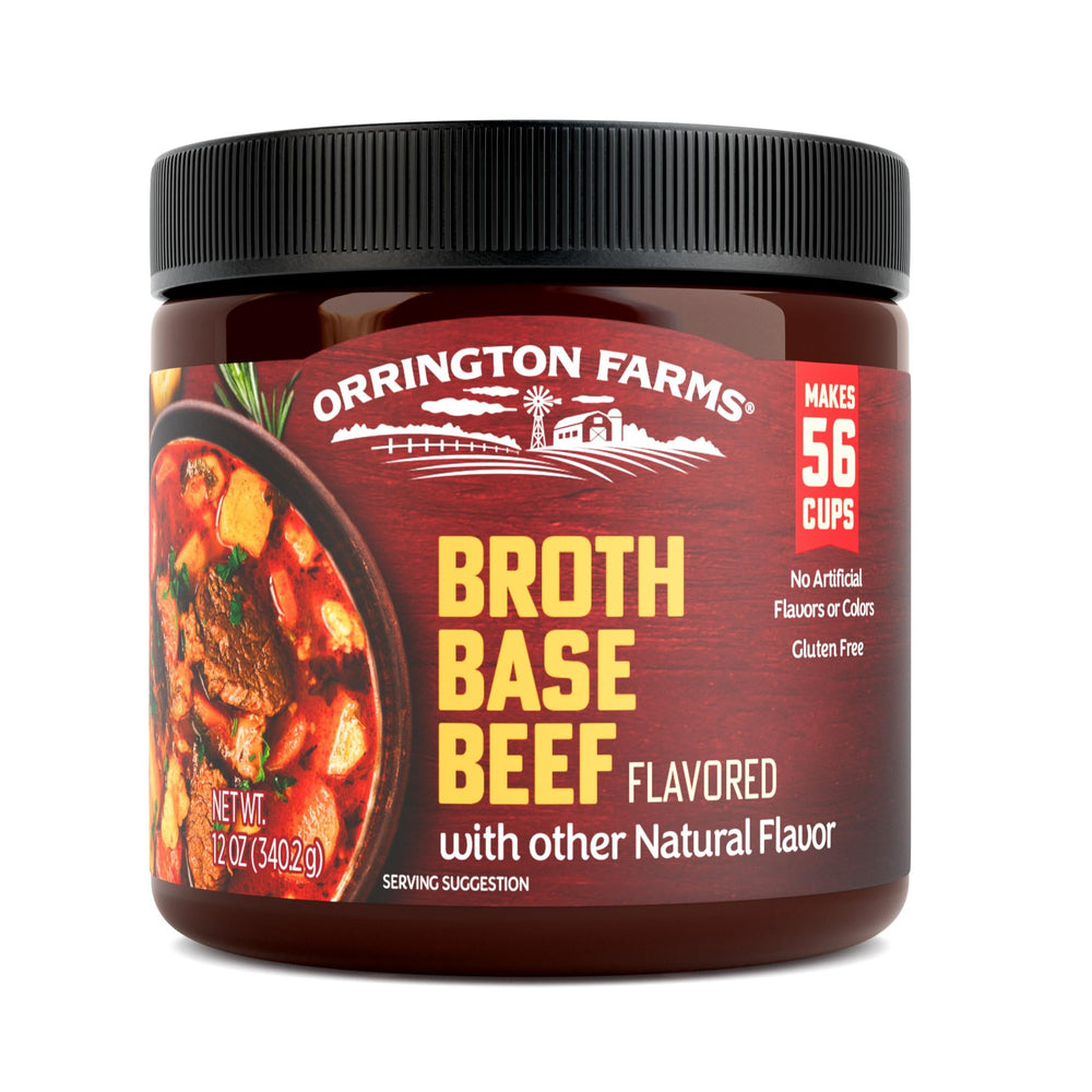 Orrington Farms Beef Broth Base jar front, provides rich beef flavor for soups and stews.
