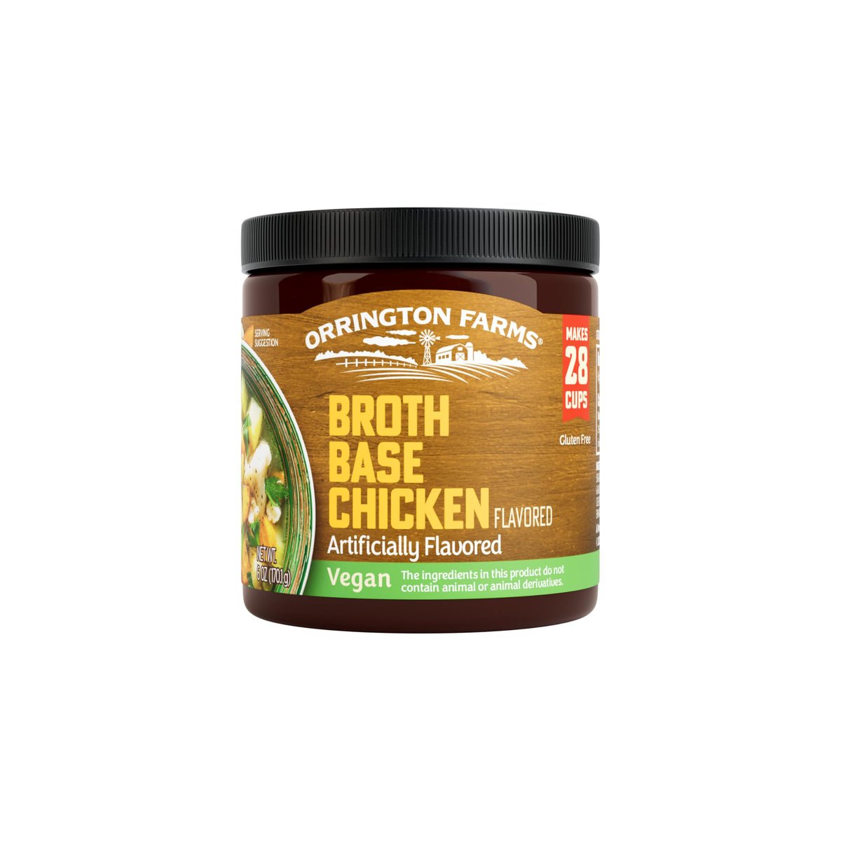 Orrington Farms vegan chicken-flavored broth base jar for pantry meals