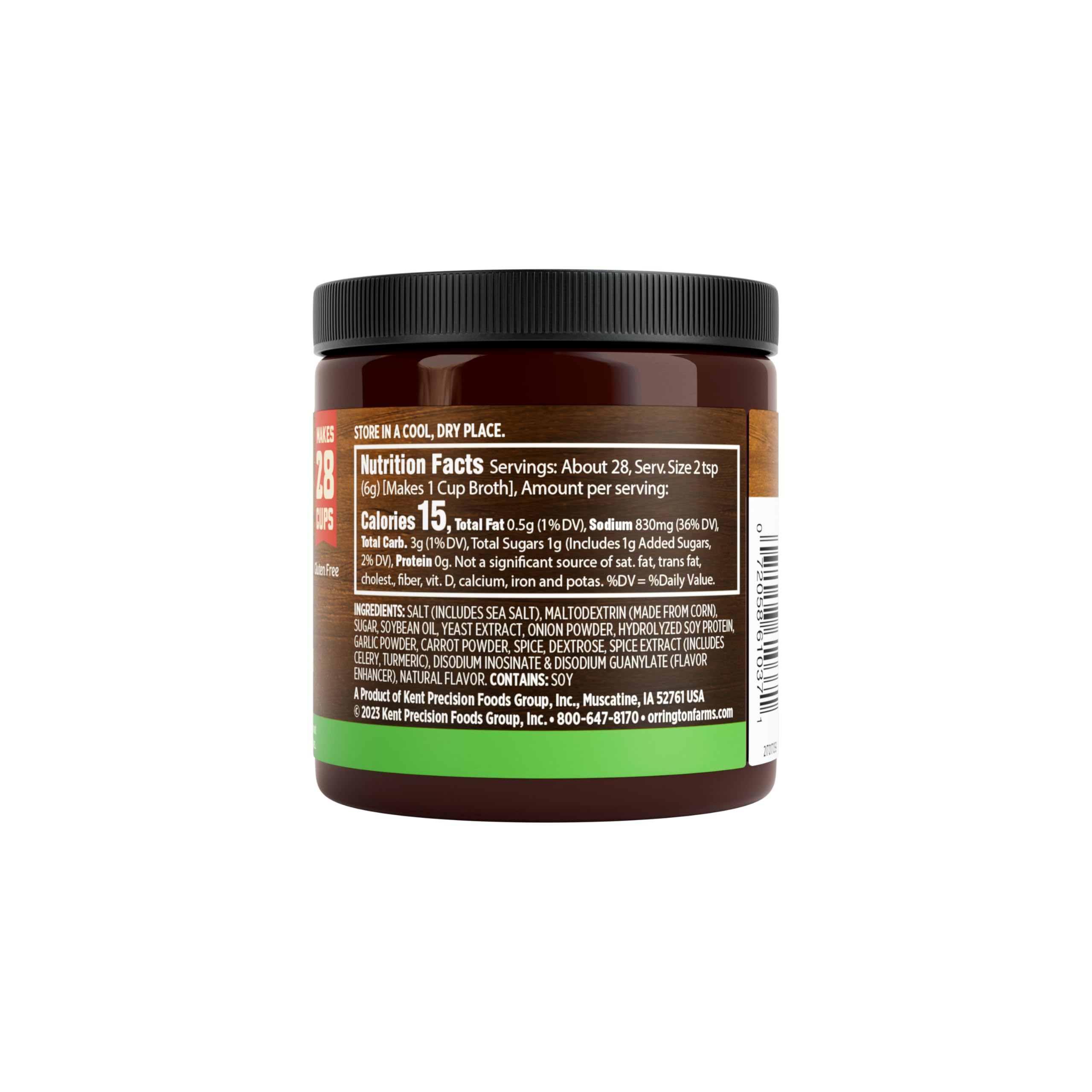 Orrington Farms broth base label closeup showing vegan ingredients and gluten-free promise