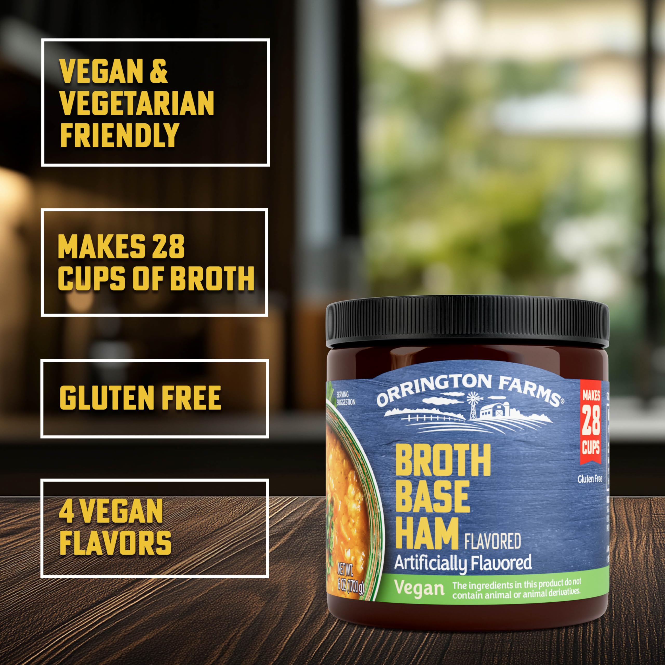 Orrington Farms vegan ham broth base label close-up highlighting vegan and gluten-free promise