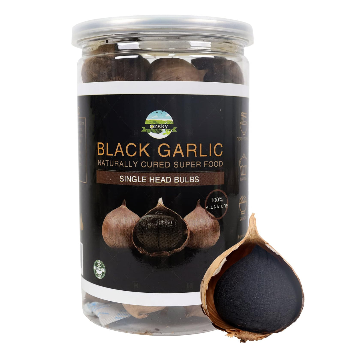 Orsky Black Garlic bottle cap label communicates origin and quality for safe, ready-to-eat snacking.