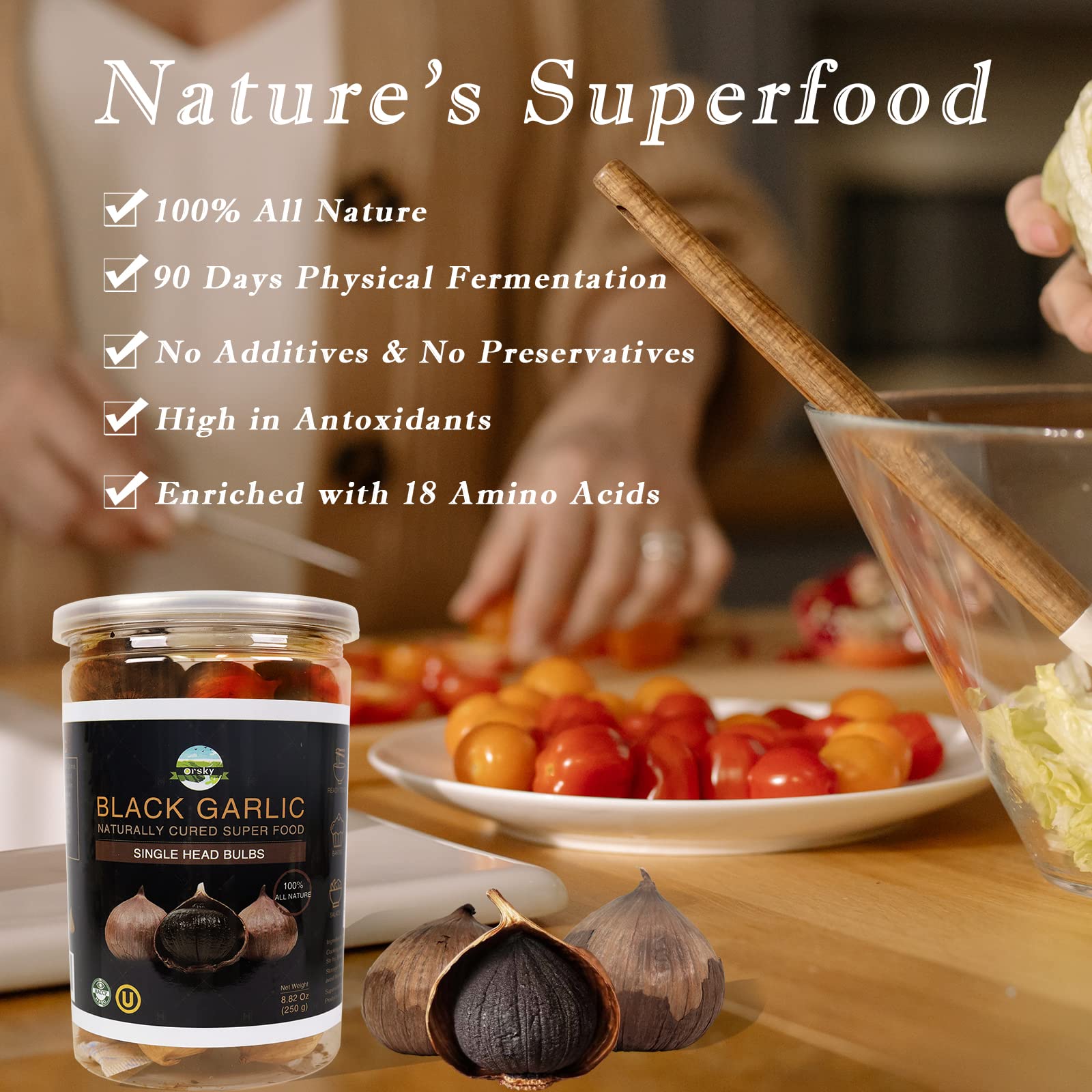 Orsky Black Garlic texture closeup showcases chewy, caramelized surface ideal for recipes.