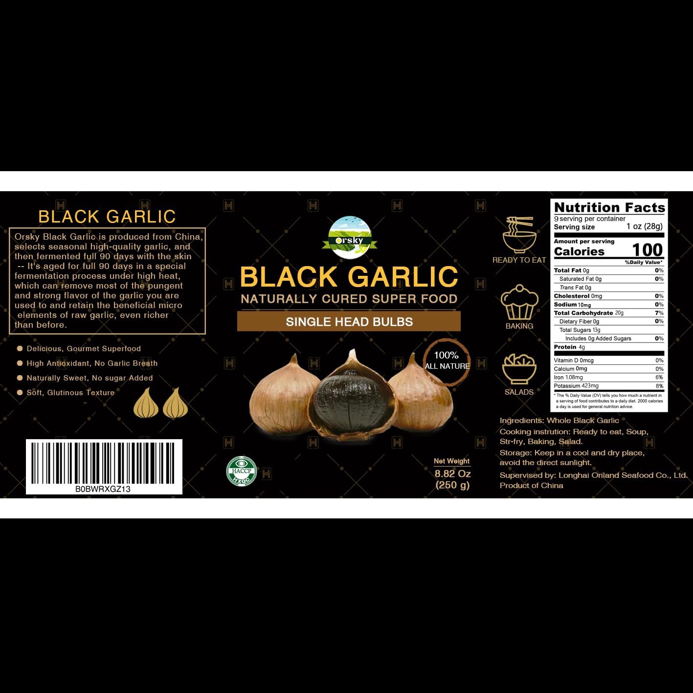 Orsky Black Garlic whole cloves image highlights convenient, ready-to-eat snack option.