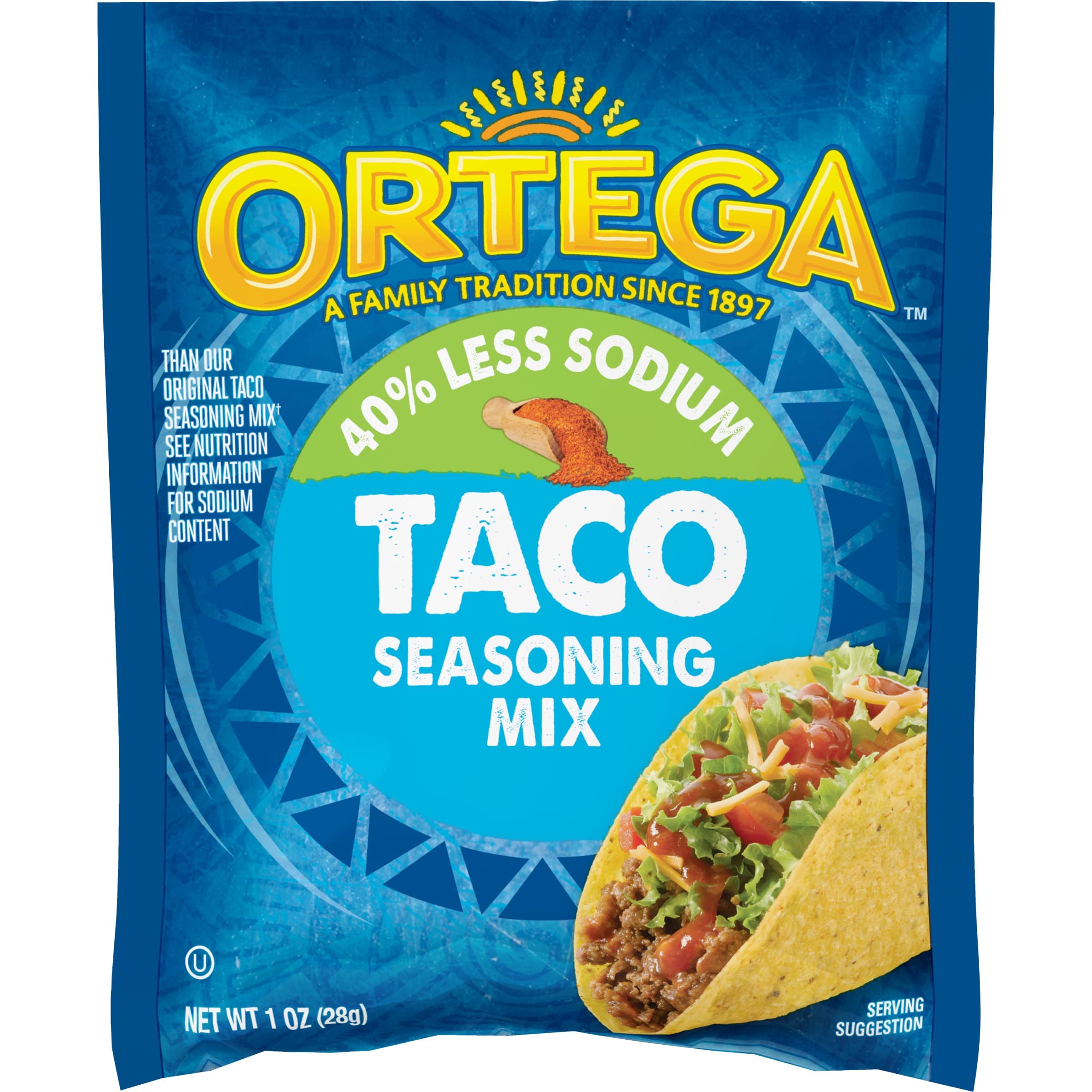 Ortega 40% less sodium taco seasoning in a 1-ounce pack for weeknight tacos