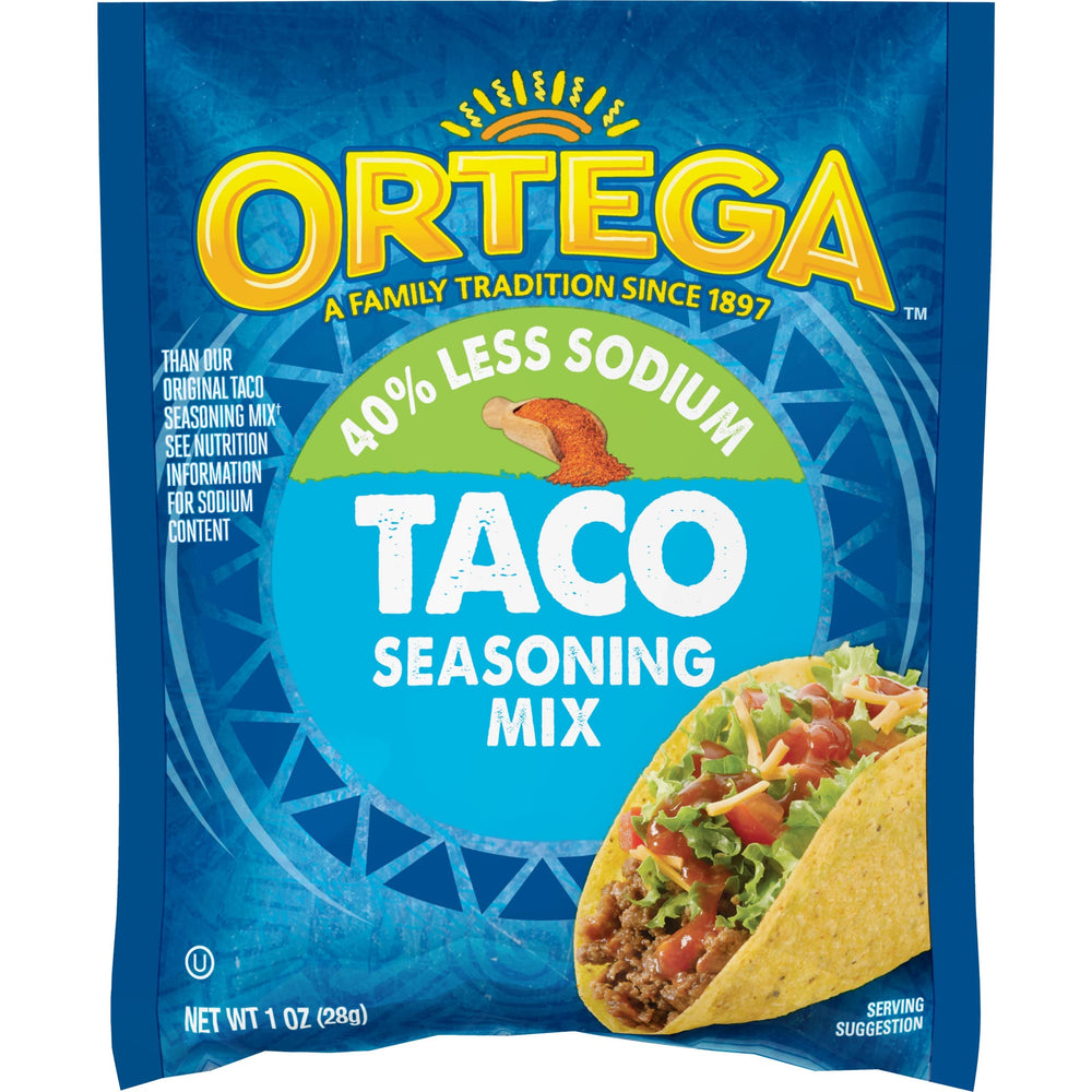 Ortega 40% less sodium taco seasoning in a 1-ounce pack for weeknight tacos