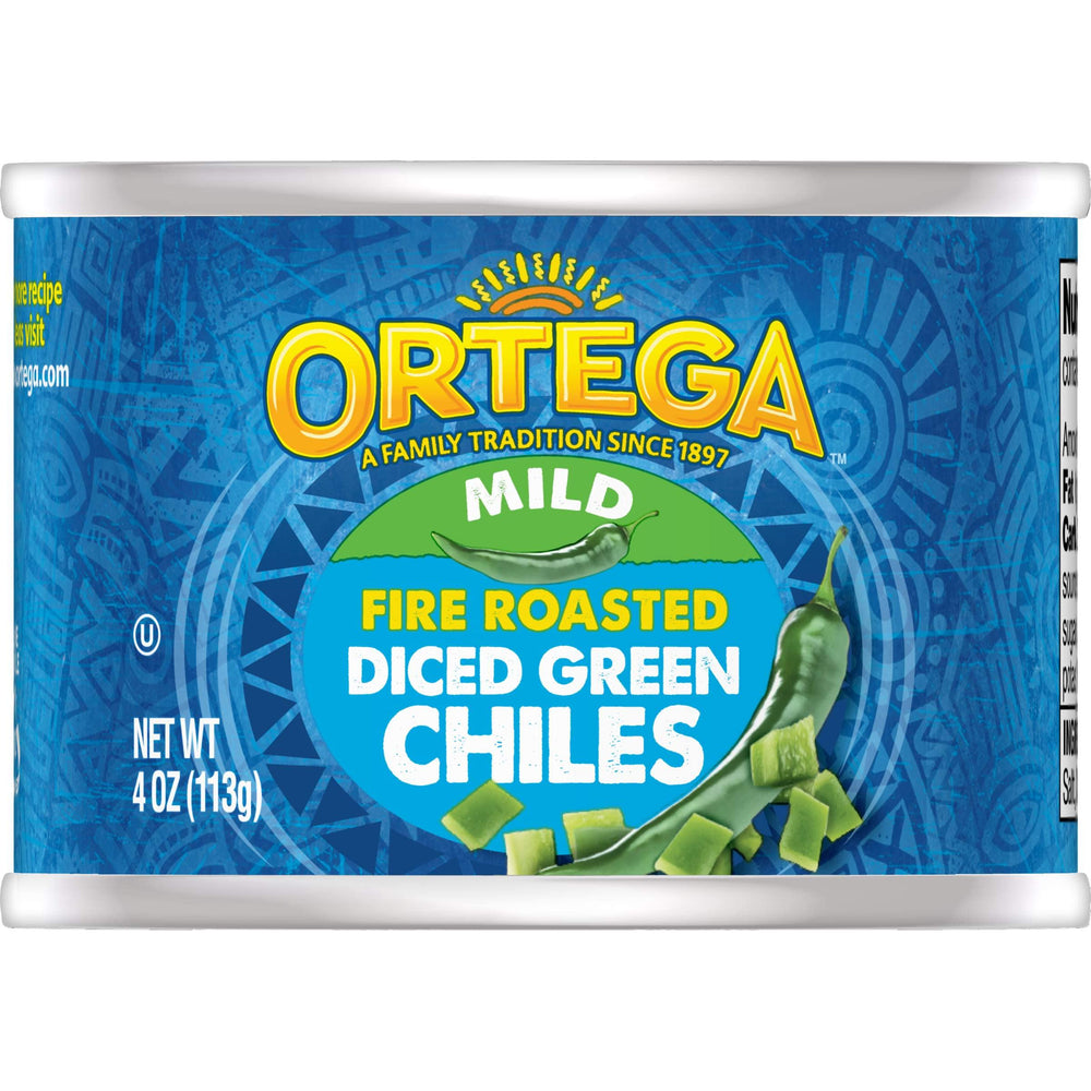 Ortega fire-roasted green chiles diced mild in a can for authentic flavor.
