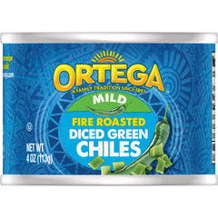 Ortega fire-roasted green chiles diced mild in a can for authentic flavor.