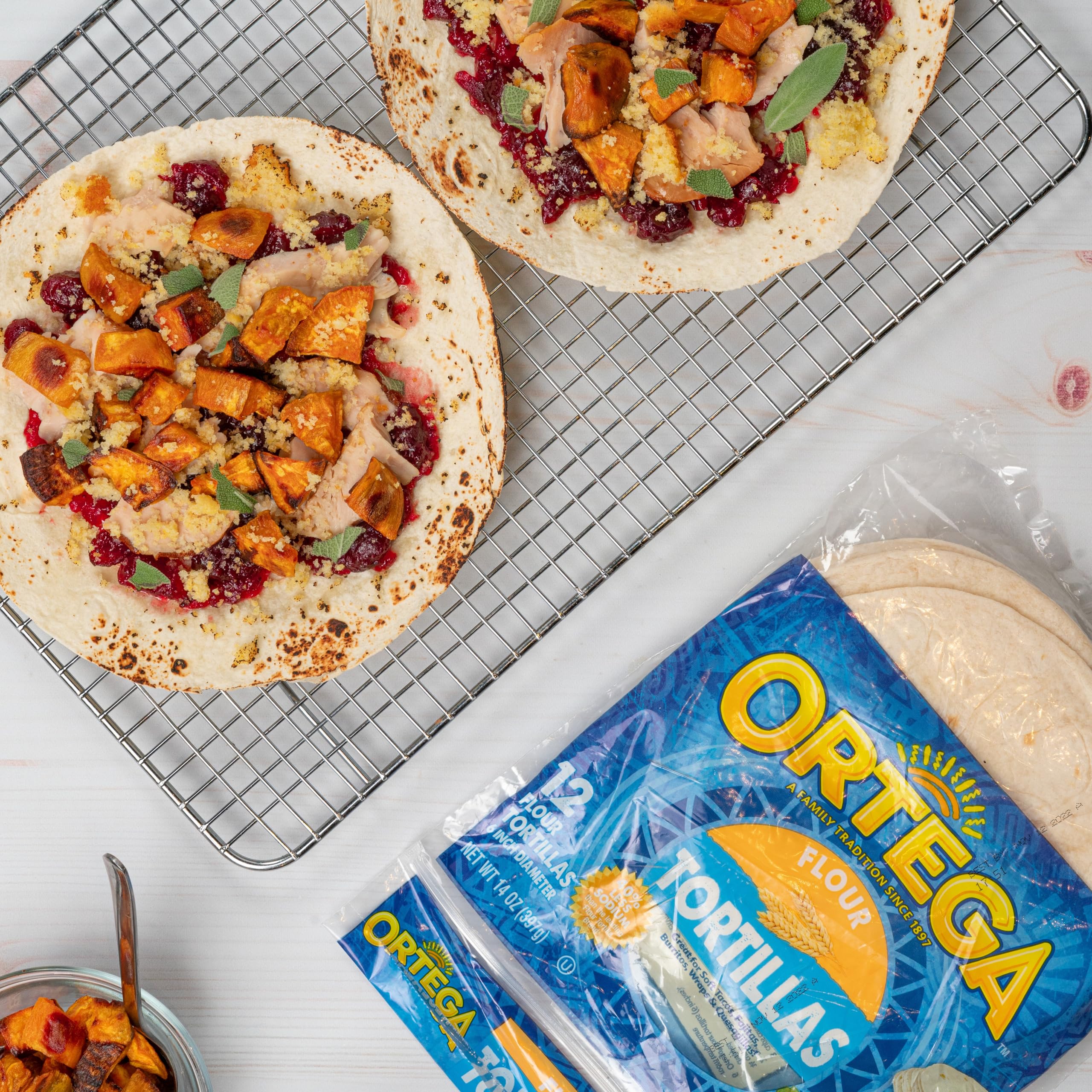 Ortega Flour Tortillas pan-heated to golden edges and warm softness.