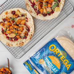 Ortega Flour Tortillas pan-heated to golden edges and warm softness.