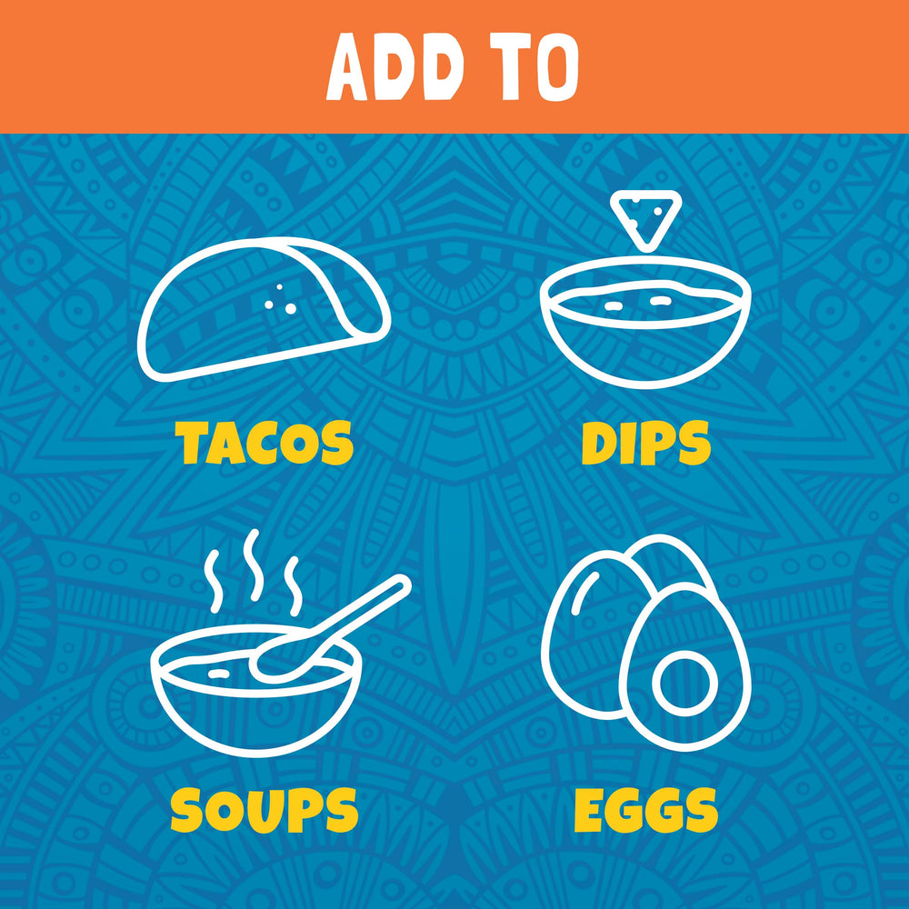Ortega Original Taco Sauce closeup highlights 14-herb blend.