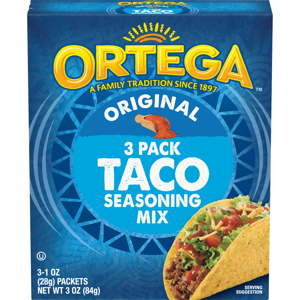 Ortega Taco Seasoning Mix packet on counter ready for taco night.