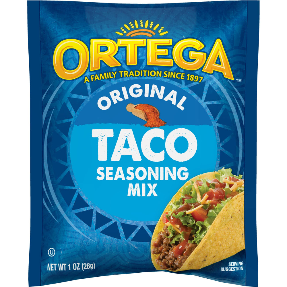 Ortega Taco Seasoning Pack 1oz 12ct on pantry shelf, ready for taco night.