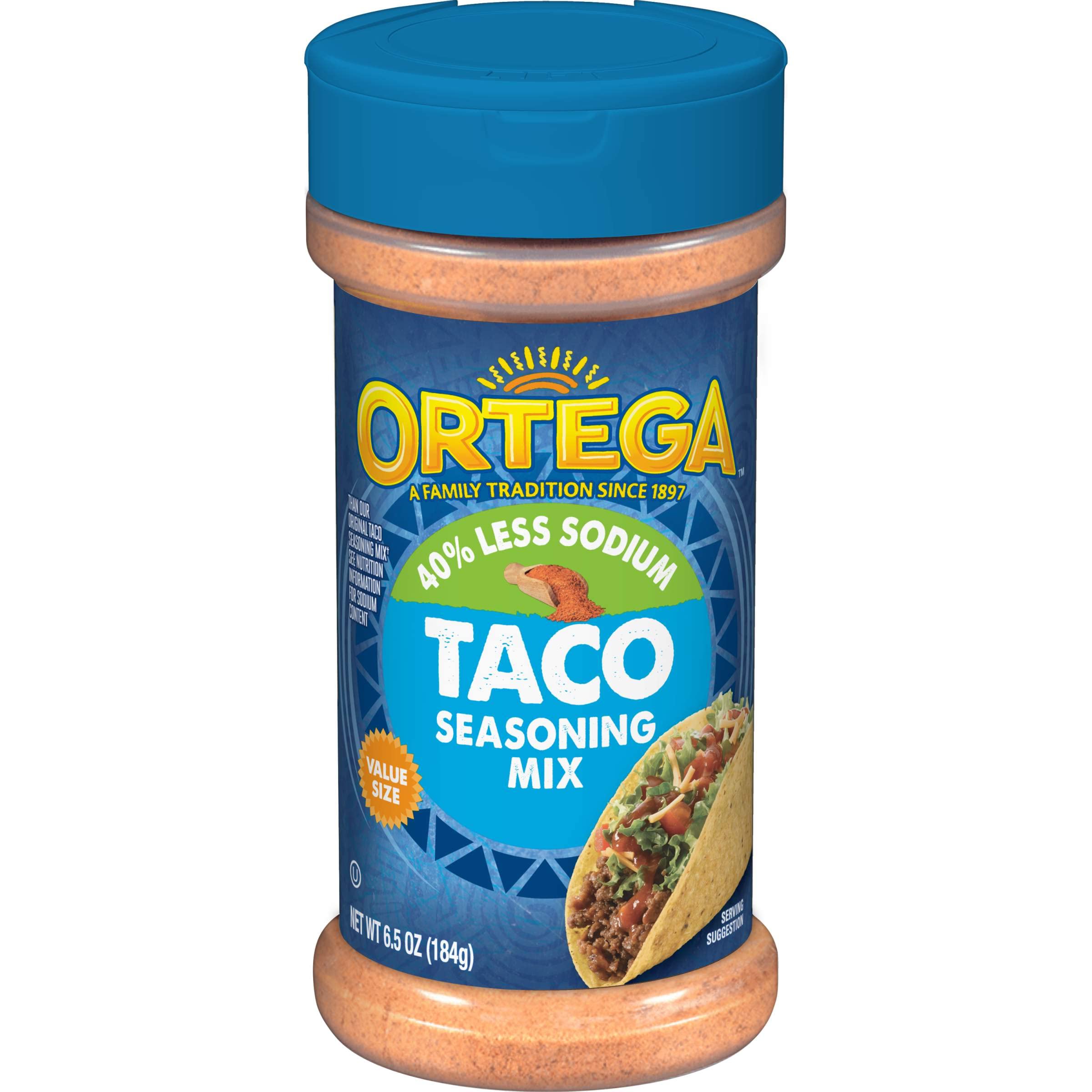 Ortega 40% less sodium taco seasoning pack front for lighter meals