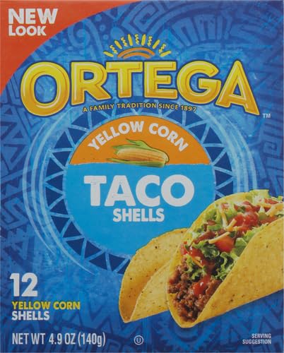Ortega Yellow Corn Taco Shells stacked on a plate for family meals.