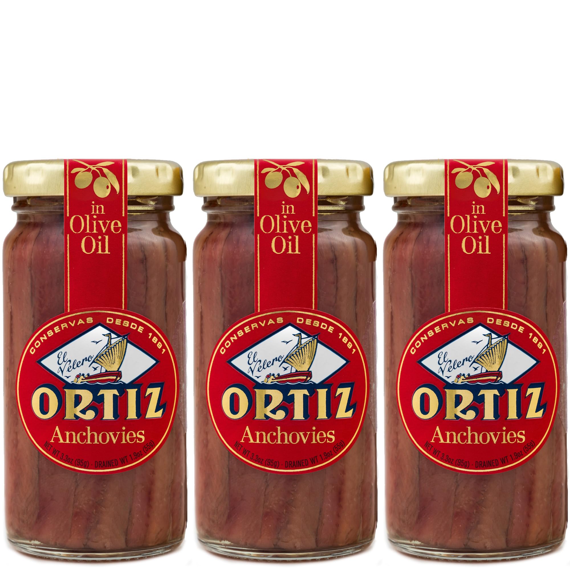 Ortiz anchovies in olive oil in a glass jar showing premium packaging and flavor.