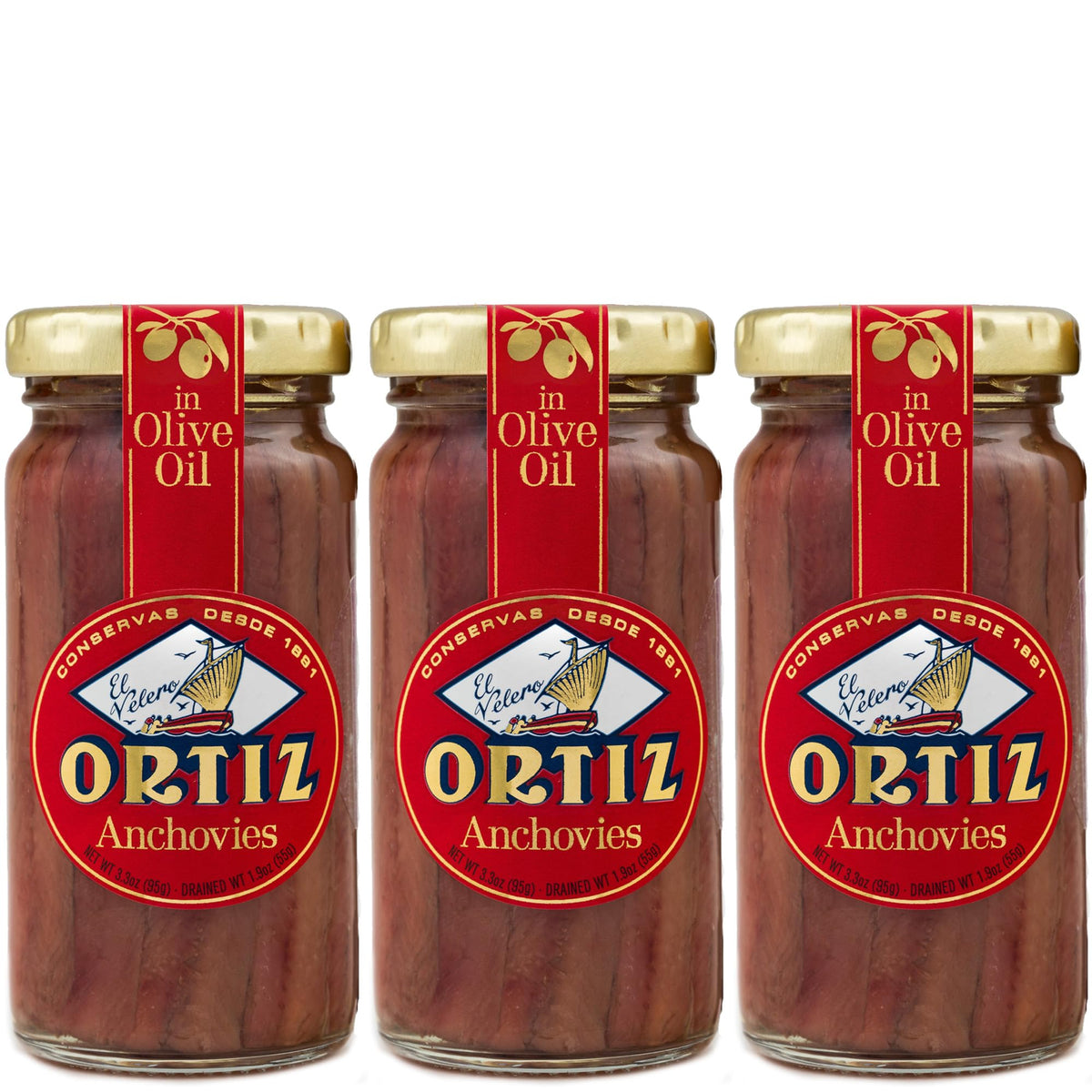 Ortiz anchovies in olive oil in a glass jar showing premium packaging and flavor.