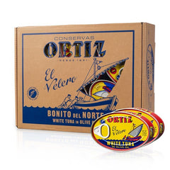 Ortiz Spanish tuna in a 12-tin gift box, ideal for gourmet gifting.