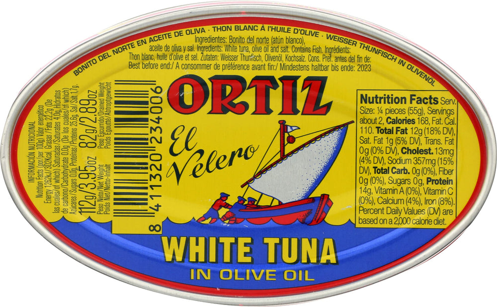 Ortiz tuna can with olive oil, vibrant flavor potential for meals.