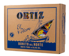 Ortiz white albacore tuna olive oil tin close-up showing moist texture.