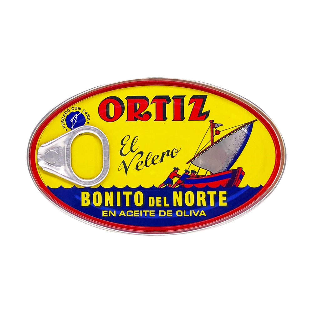 Ortiz white tuna in olive oil can close-up, premium flavor for salads.