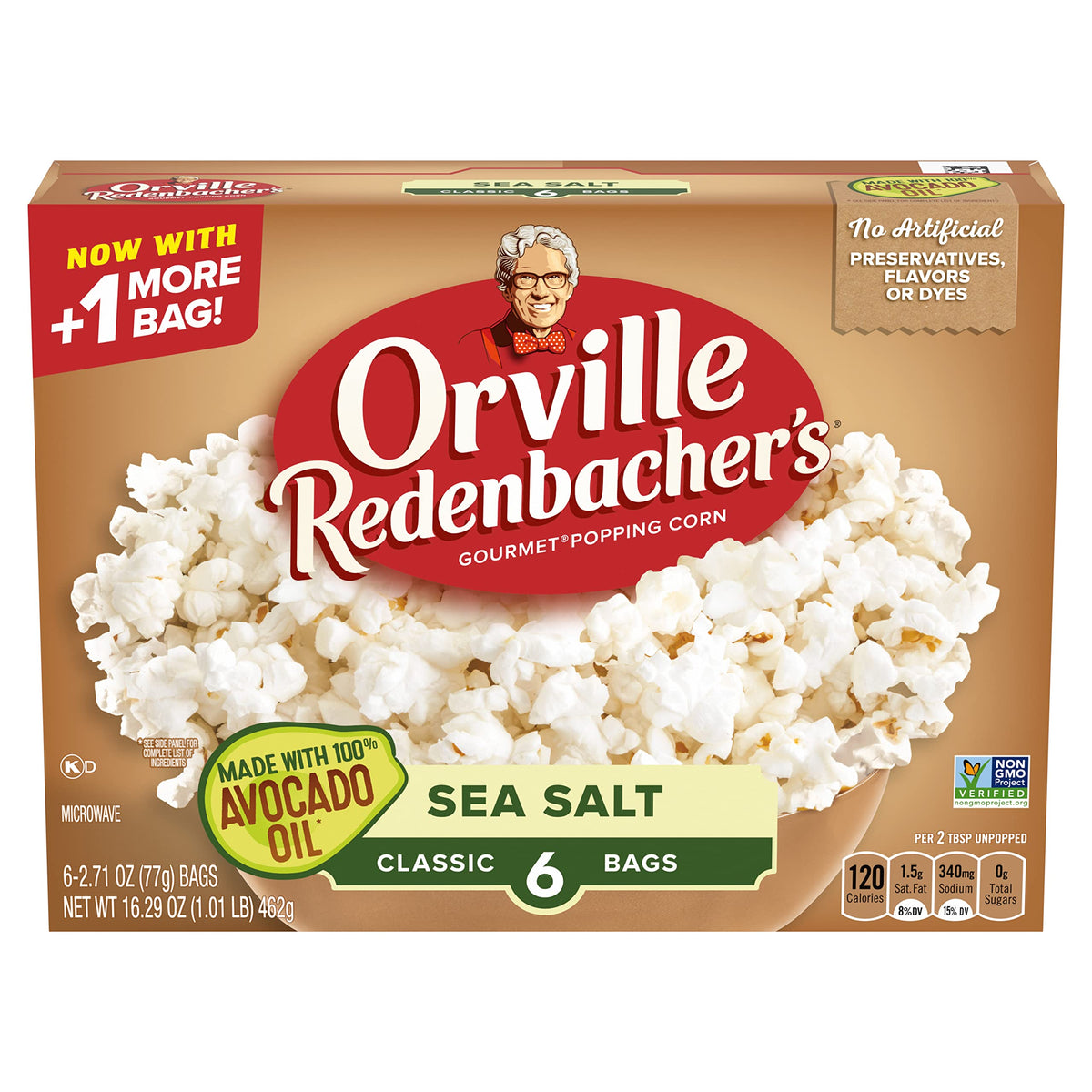 Orville Redenbacher's avocado oil sea salt packaging front, six-count box for convenient snacking.