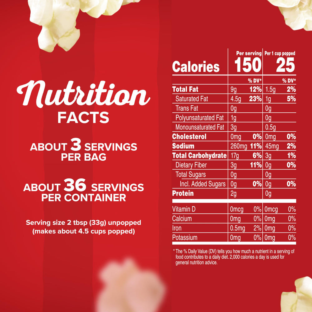 Orville Redenbacher's Homestyle Butter popcorn bags close-up highlighting buttery flavor and salt.
