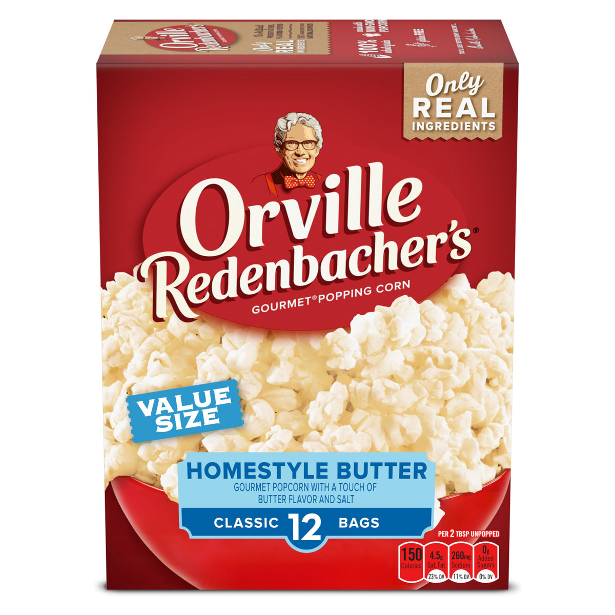 Orville Redenbacher's Homestyle Butter popcorn box with 12-count bags for quick snacking.