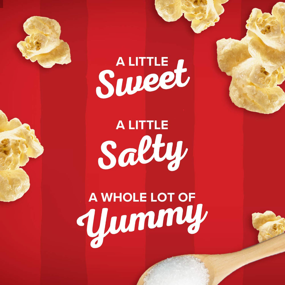 Orville Redenbacher's Kettle Corn kernels close-up, showcasing light fluff and crisp crunch.
