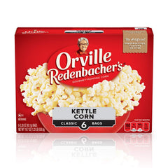 Orville Redenbacher's Kettle Corn microwave popcorn bags, six-pack for easy family snacking.