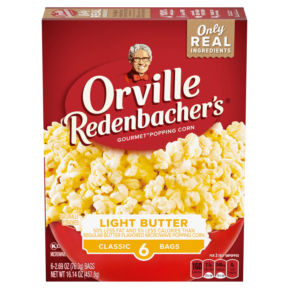 Orville Redenbachers light butter popcorn bag showing six-pack box for a lighter snack.