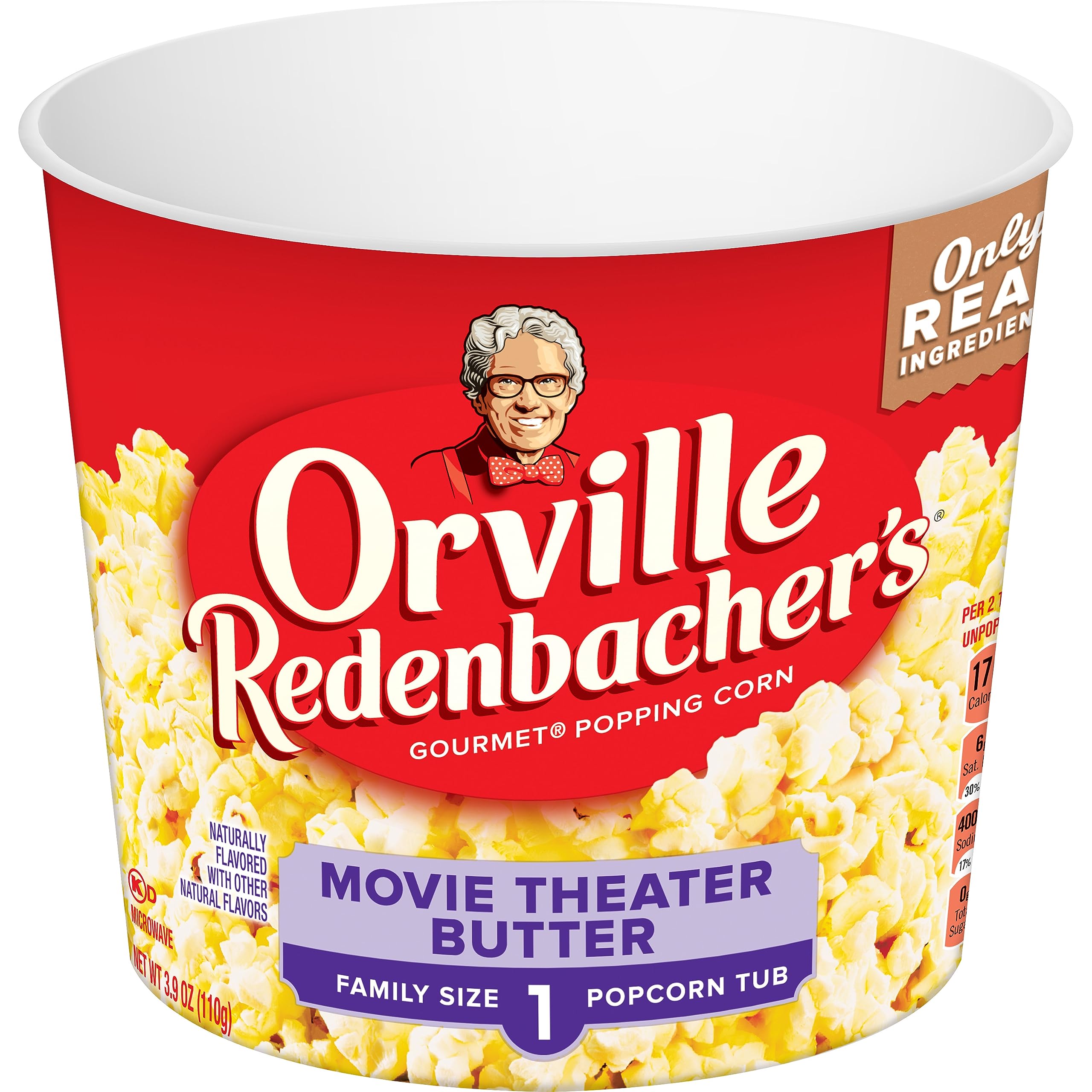 Orville Redenbacher's Movie Theater Butter popcorn tub ready for movie night.