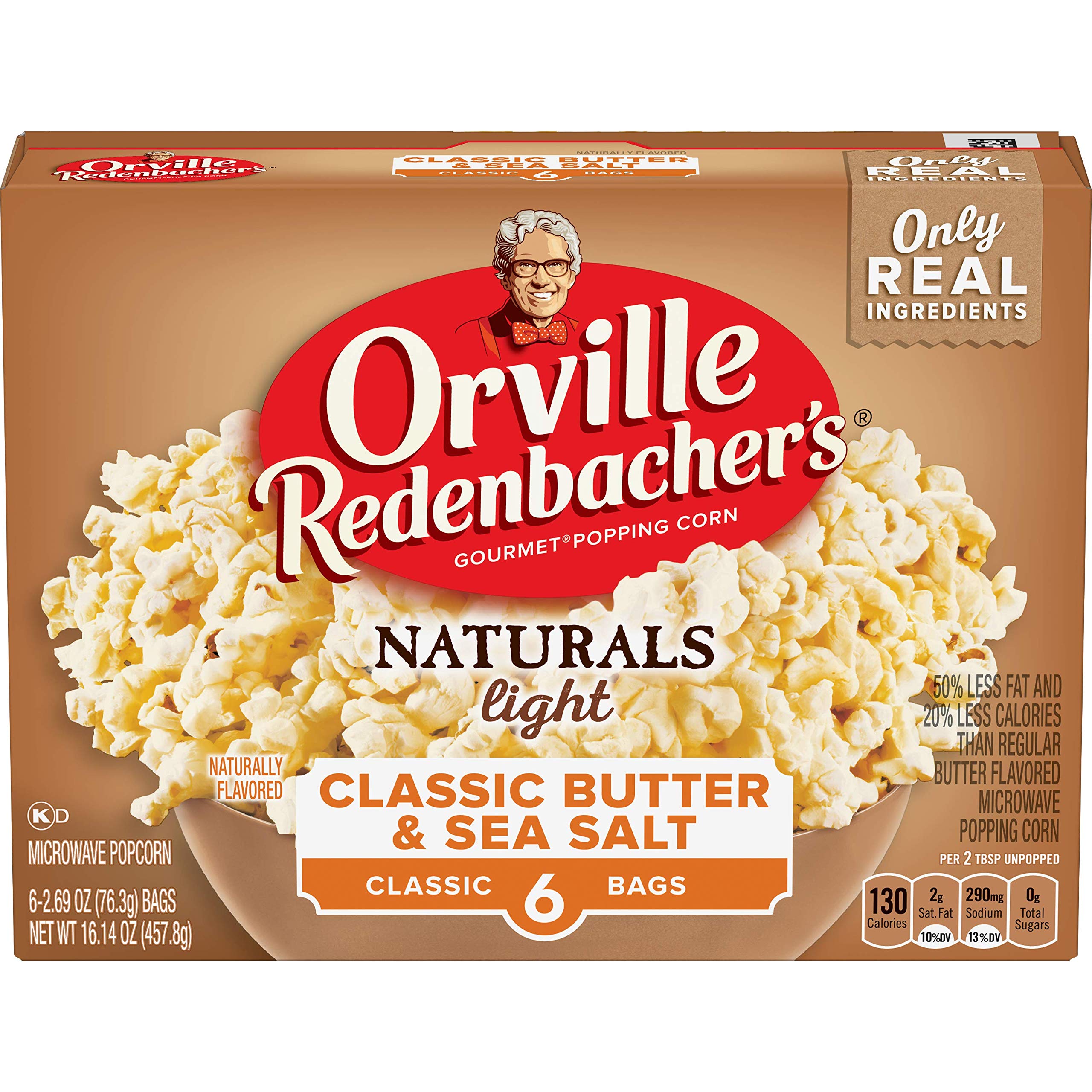 Orville Redenbacher's Naturals popcorn bag shows classic butter and sea salt for a lighter, crunchy snack.