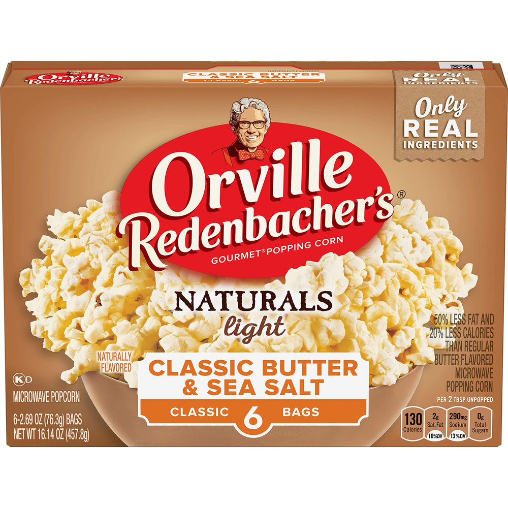Orville Redenbacher's Naturals popcorn bag shows classic butter and sea salt for a lighter, crunchy snack.