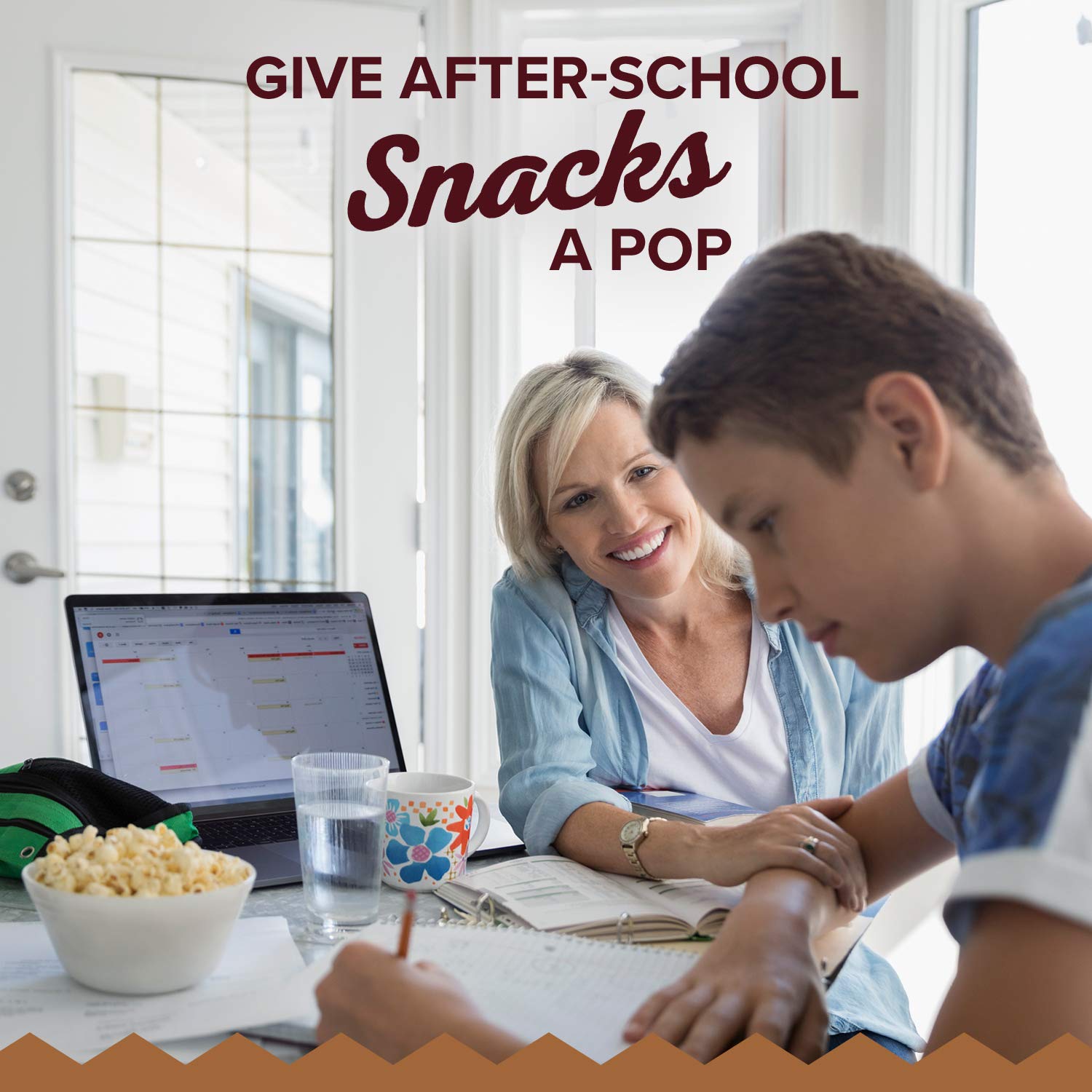 Orville Redenbacher's Naturals serving suggestion shows sharing-friendly portions for friends and family.