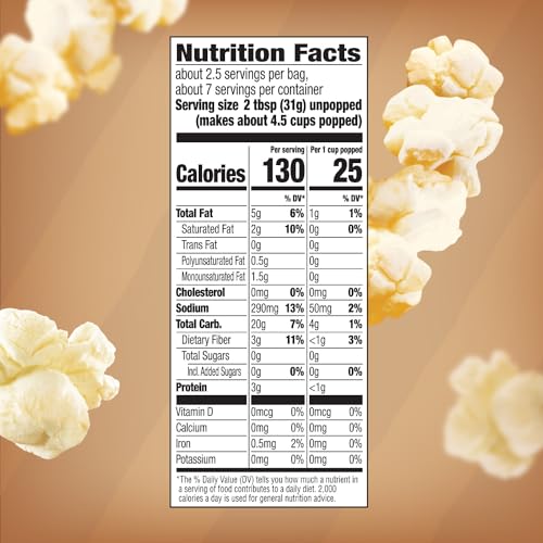 Closeup of Orville Redenbacher's Naturals Light popcorn bag shows real butter and sea salt.