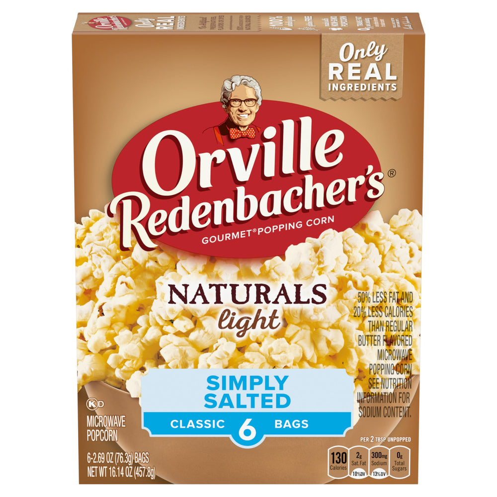 Orville Redenbacher's Naturals Simply Salted popcorn bags in six-pack, ready for quick snacking.