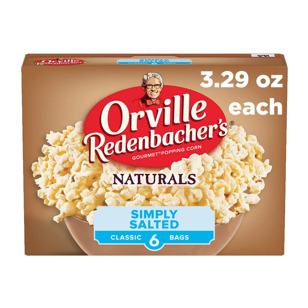 Orville Redenbacher's Naturals Simply Salted popcorn box showcasing six-pack for family snacking
