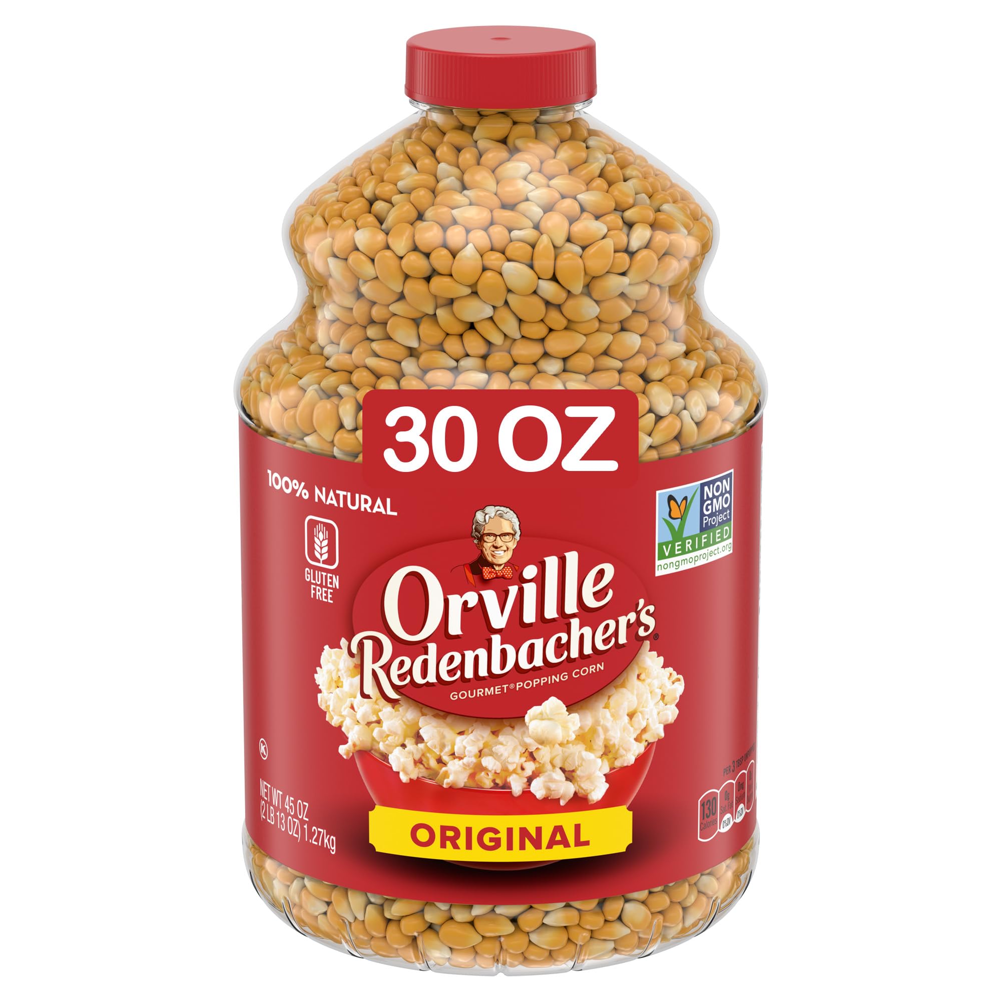 Orville Redenbacher's Original Gourmet Popcorn Kernels in a 30 oz jar ready to pop at home.