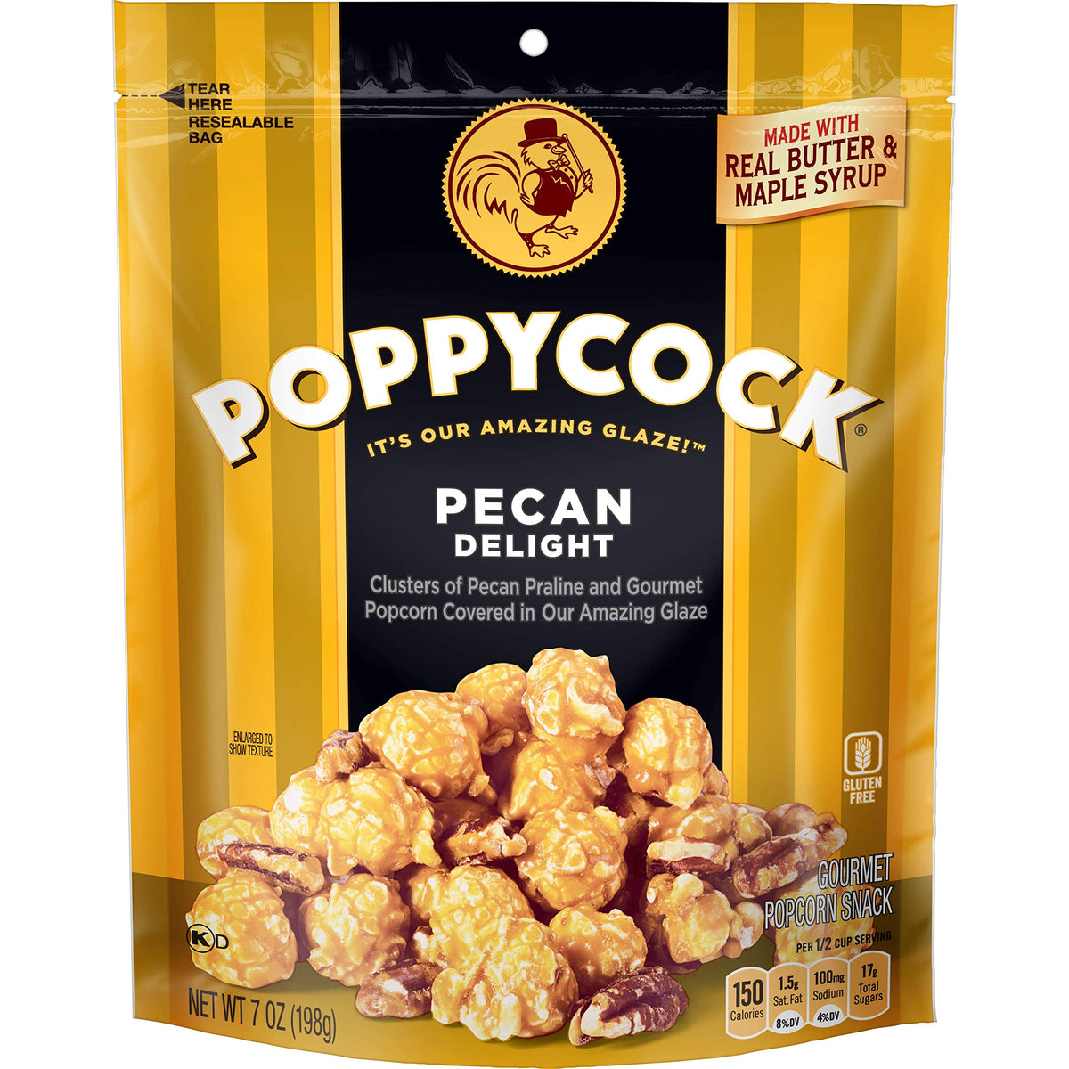 Orville Redenbacher's Poppycock Pecan Delight bag shows fluffy popcorn with pecans in a buttery glaze.