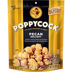 Orville Redenbacher's Poppycock Pecan Delight bag shows fluffy popcorn with pecans in a buttery glaze.