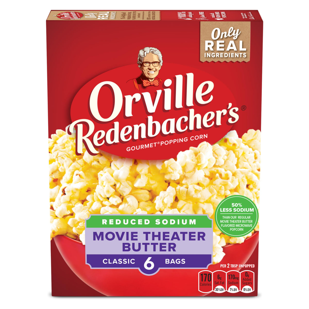 Orville Redenbacher's reduced-sodium popcorn box showing six microwavable bags, great for movie night with less sodium.