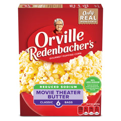 Orville Redenbacher's reduced-sodium popcorn box showing six microwavable bags, great for movie night with less sodium.
